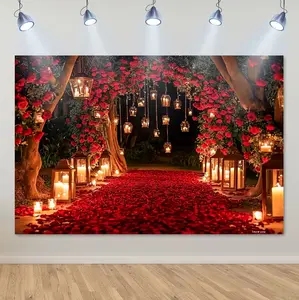 This 2D flat printed backdrop features romantic red roses and lanterns, perfect for Valentine's Day. It's ideal for both indoor and outdoor events.