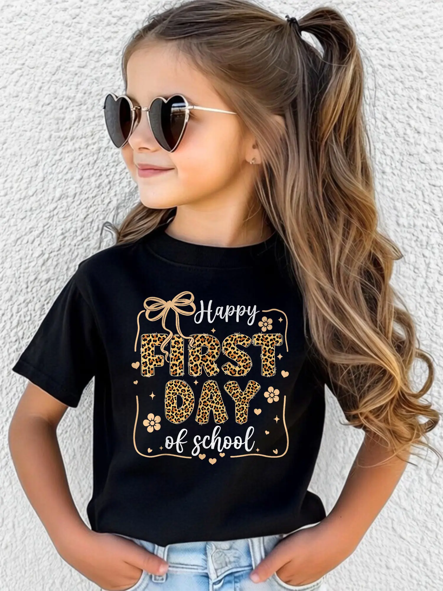 [Back to school sale] HeroShop Black Leopard Print Happy First Day of School T-Shirt for Kids Girls, Gift for girls