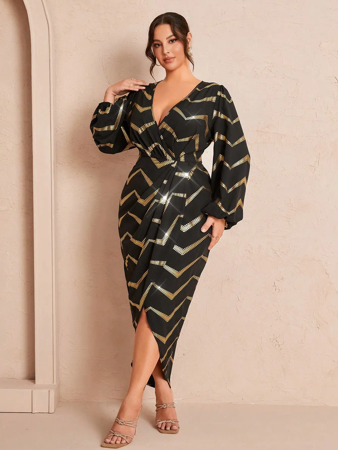 Plus Size Elegant Wrap Dress Black & Gold Chevron V-Neck Long Sleeve Boho Chic Outfit Plus Size Elegant Wrap Dress Black & Gold Chevron V-Neck Long Sleeve Boho Chic Outfit