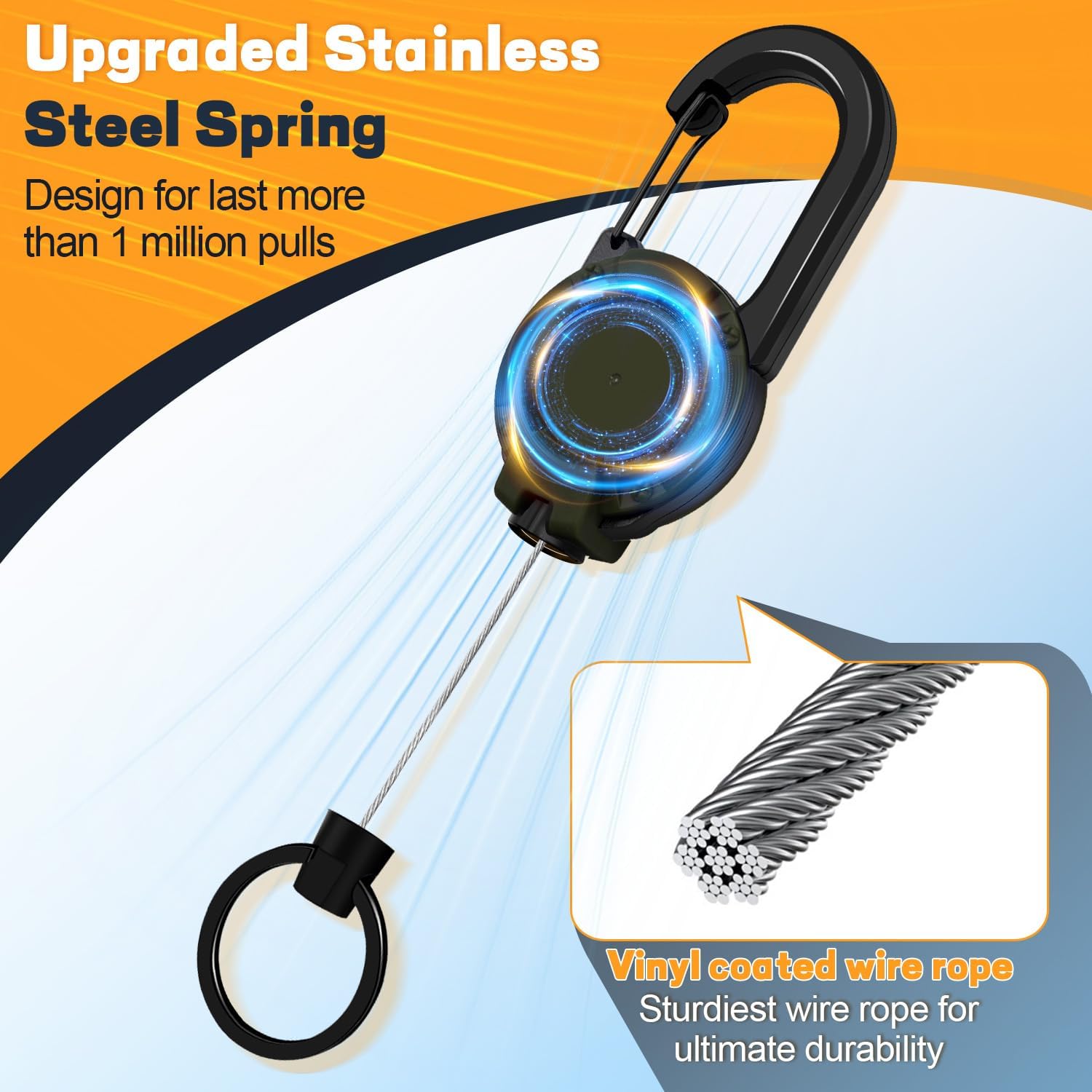 2 Pack Tactical Carabiner Steel Cord Recoil Anti-Lost Lanyard, 8oz Load Bearing Sturdy ABS Shell & 24 Inch Automatic Retractable Cord, Heavy Duty Key Chain for Camping Cycling Hiking Outdoor Travel, Perfect Holiday Gift for Men Family Friends