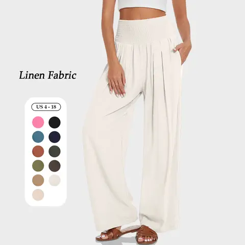 UEU Women's Linen Palazzo Pants Wide Leg Elastic High Waisted Beach Baggy Pants with Pockets Trendy Loose Casual Sportswear