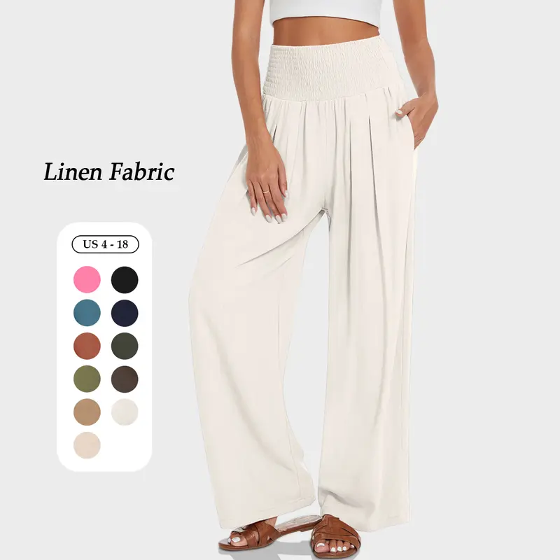 UEU Women's Linen Palazzo Pants Wide Leg Elastic High Waisted Beach Baggy Pants with Pockets Trendy Loose Casual Sportswear