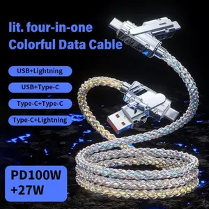 100w 4-in-1 USB C Cable,Multi Charger Cable with Breathing Light, PD 5A Fast Charging & Data Sync  Compatible for iPhone Samsung Laptop Multi Device Charging,3.3FT