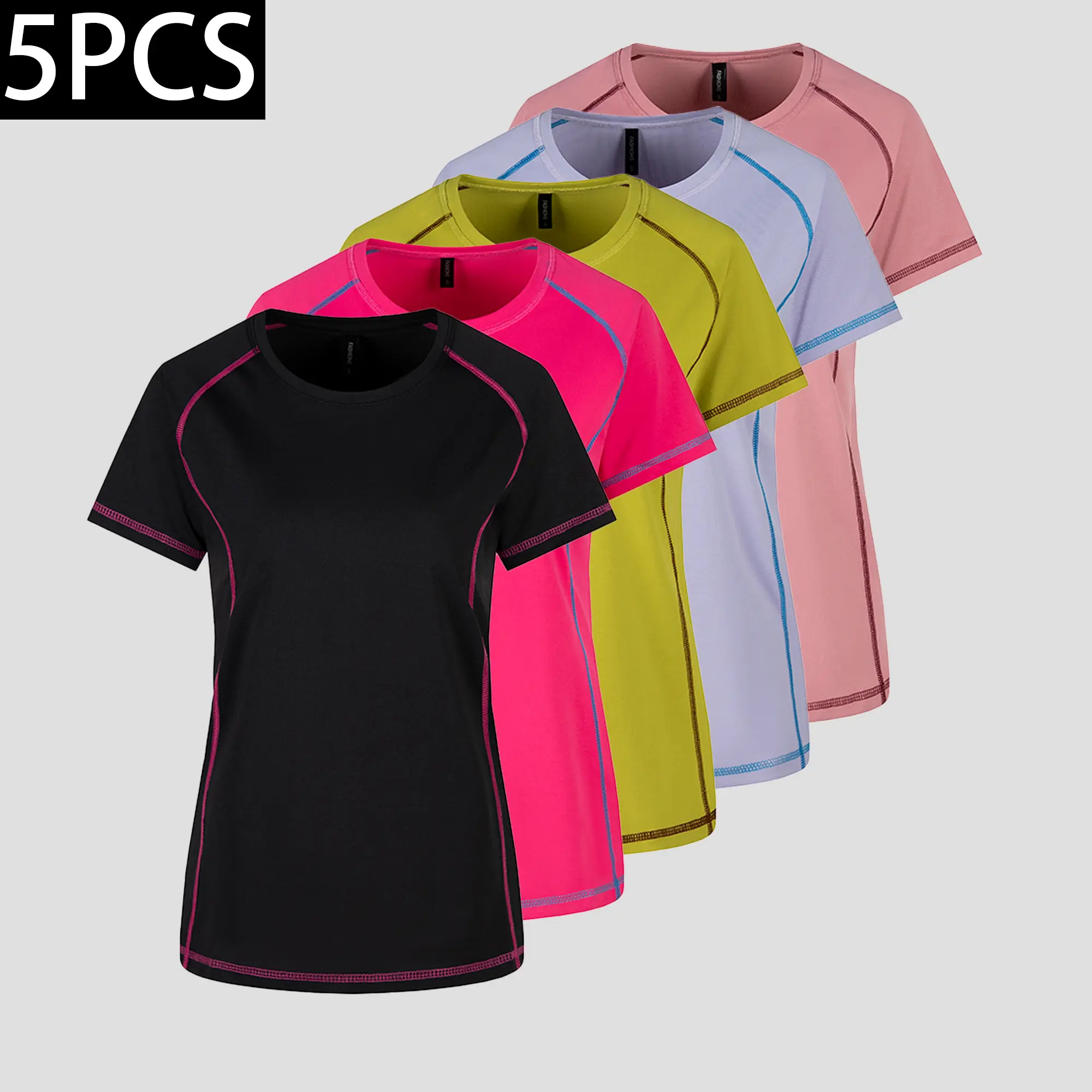Women’s Quick-Dry Sports T‑Shirt Pack — Summer Breathable Short‑Sleeve Running/Yoga Casual Contrast Color Top (5 Pieces), T Shirts For Women