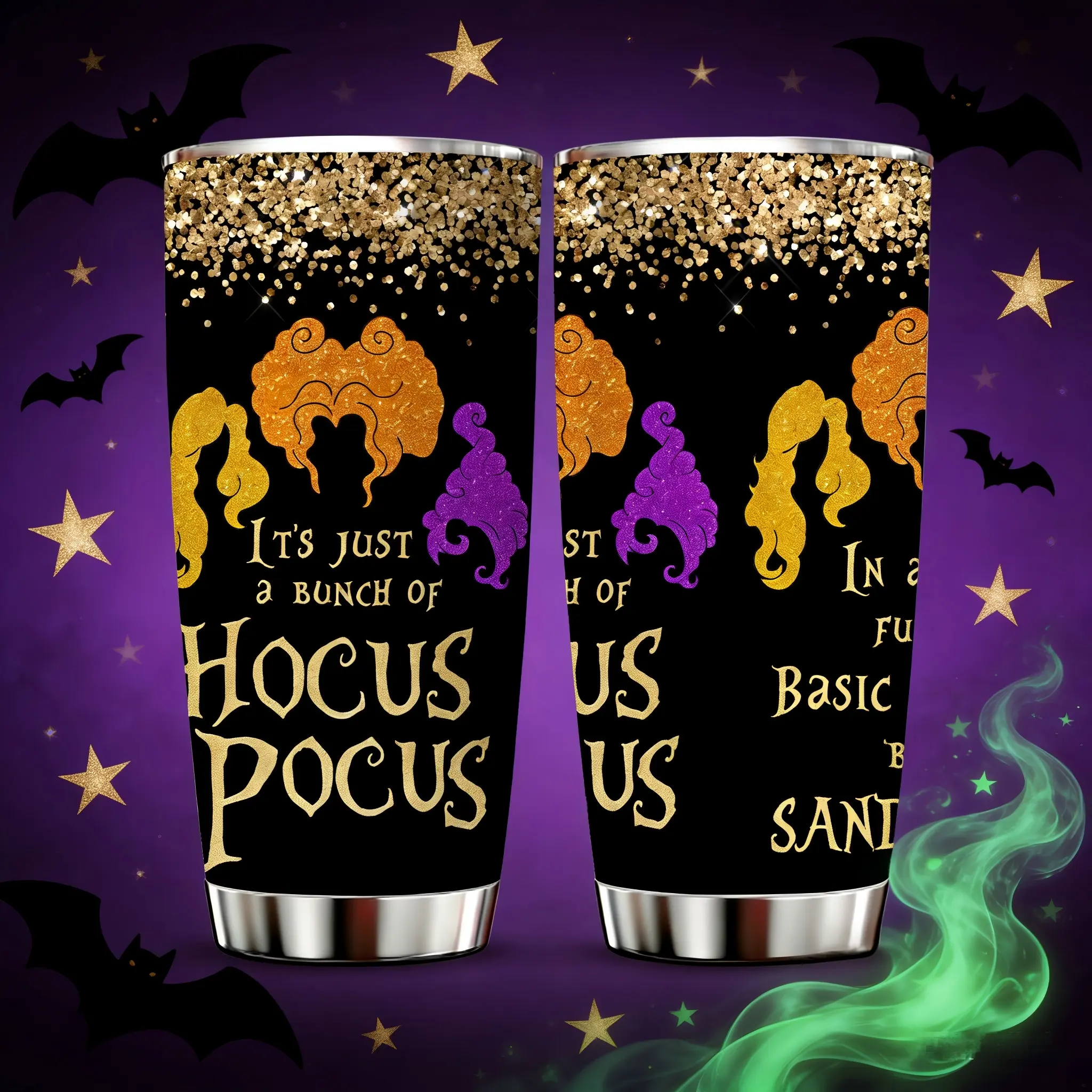 AuraCup 20oz insulated tumbler, Insulated Drink Tumbler, Stainless steel tumbler, with lid and straw, glitter Hocus Pocus witches silhouette design It's Just a Bunch of Hocus Pocus, double wall hot cold travel mug, Halloween gifts for witch lovers