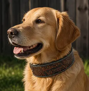 Leather Dog Collar Full grain Leather Handmade Tooled Carved 1.5" wide