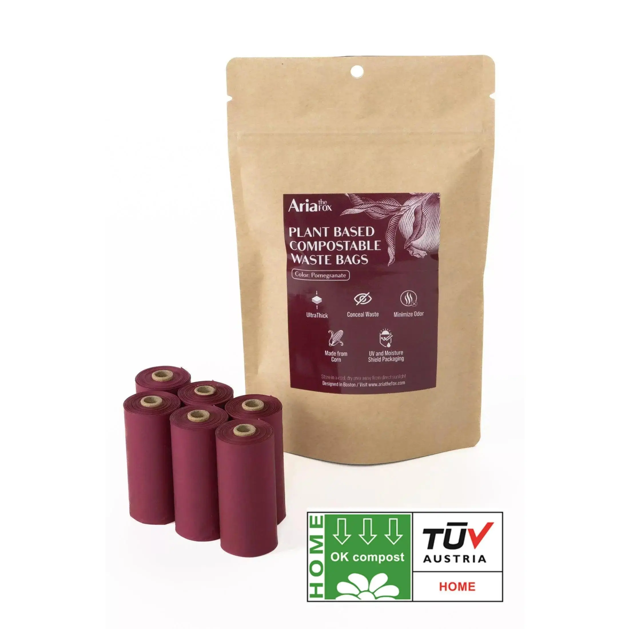Aria the Fox Ultra-Thick, Leakproof, Plant Based Compostable Waste Bags, Made from Corn Starch for Eco-friendly Dog Waste Pick up on Walks. Now OK COMPOST HOME CERTIFIED