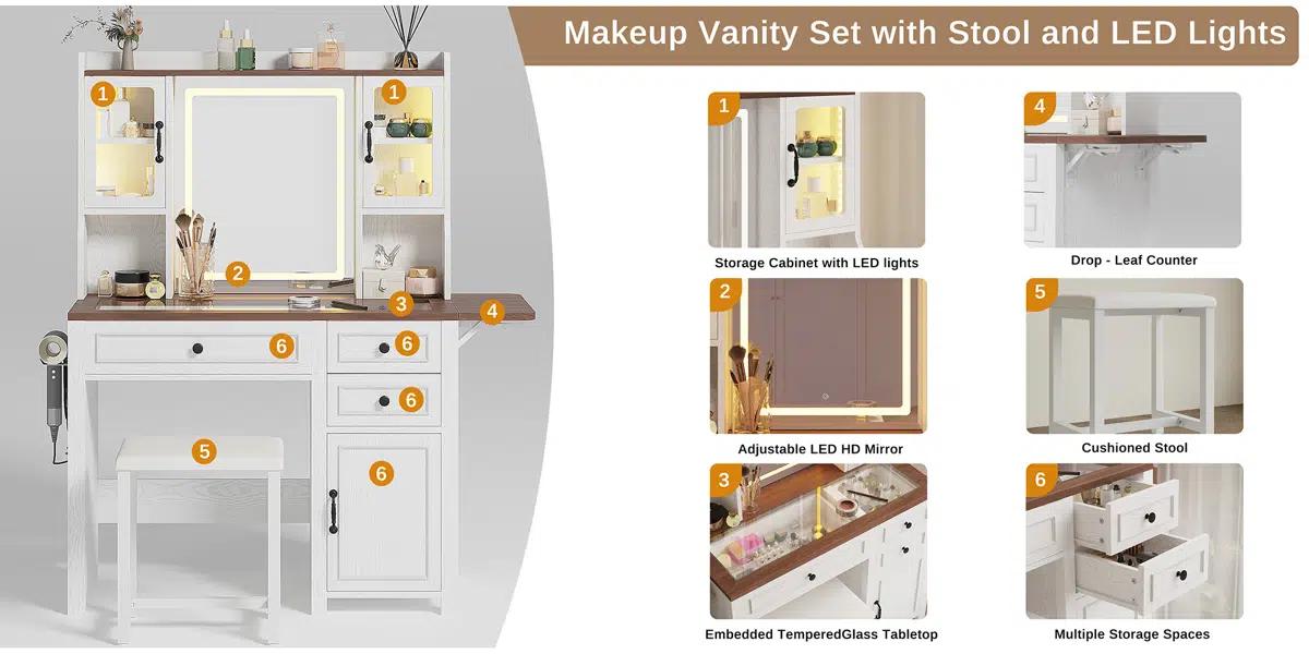 IRONCK Modern Farmhouse Style Makeup Vanity Set With Mirror And Lights, Adjustable Brightness, Vanity Desk With Built-in Tempered Glass, Folding Panel, Power Outlet And Vanity Stool IRONCK Modern Farmhouse Style Makeup Vanity Set With Mirror And Lights, Adjustable Brightness, Vanity Desk With Built-in Tempered Glass, Folding Panel, Power Outlet And Vanity Stool