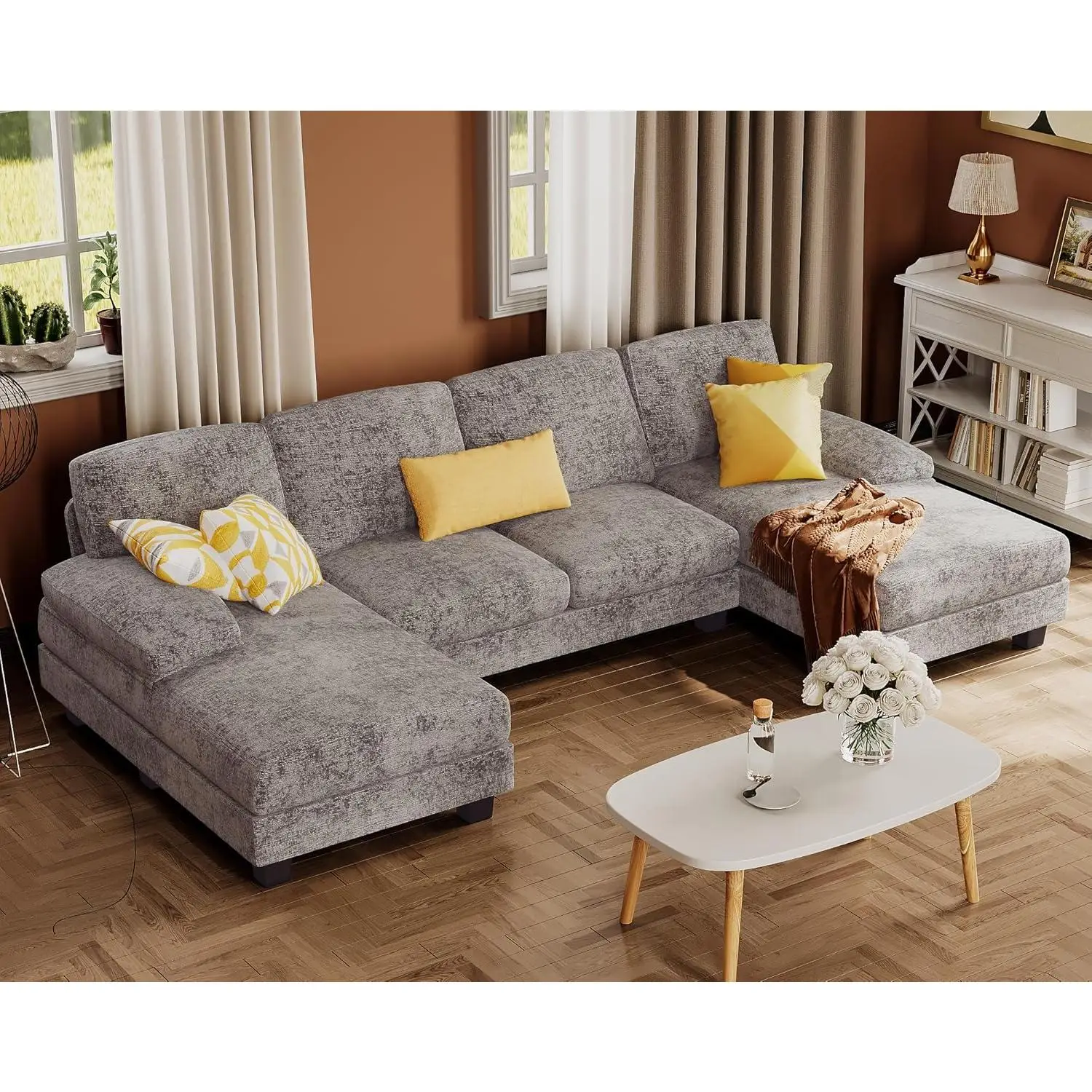 Sectional Couches for Living Room, U-Shaped Sofa Couch with Linen Fabric, 4 Seat Sofa Set with Double Chaise for Apartment (Fabric, Grey)