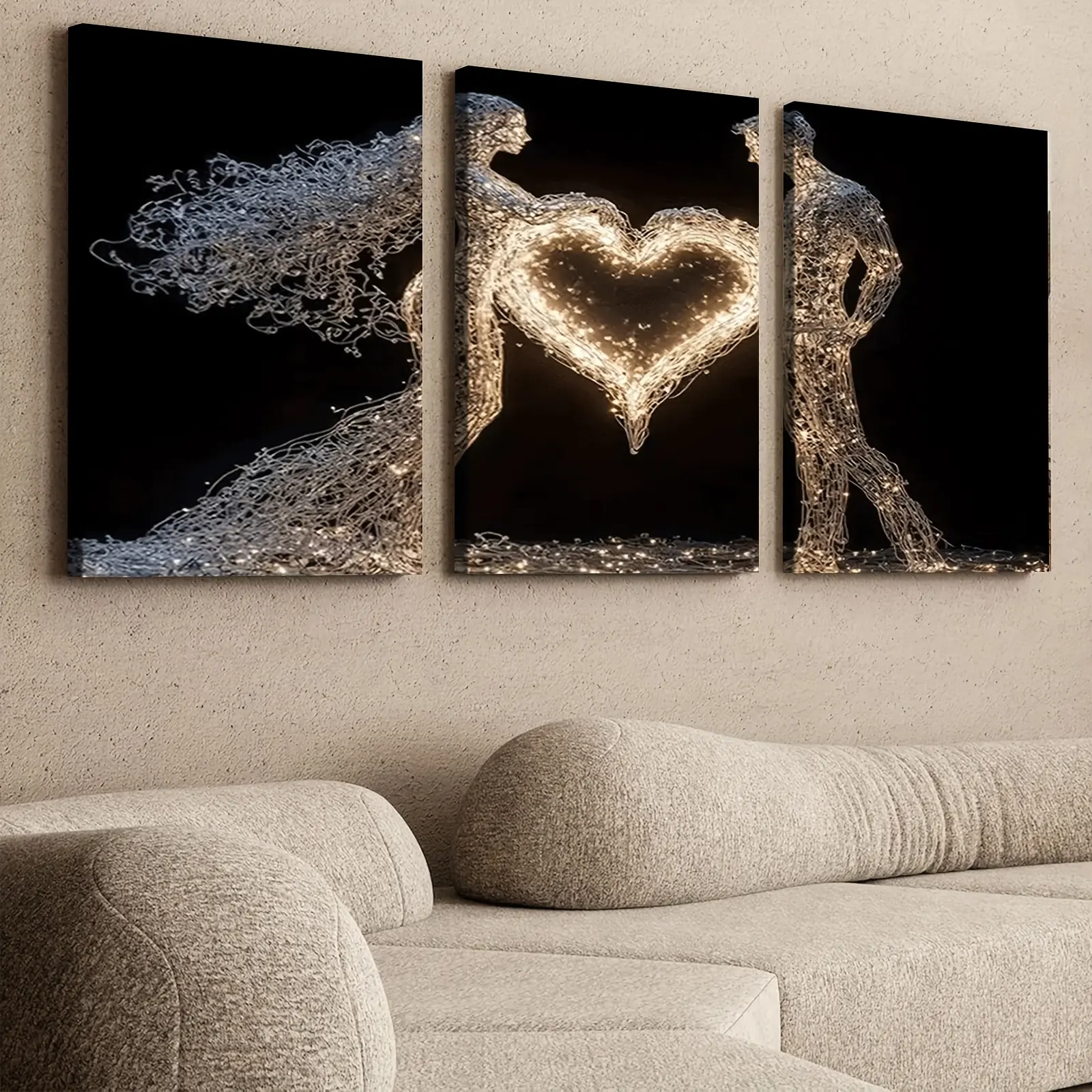 3-Piece Framed 2D Flat Canvas Prints, Exquisite Wooden Wrapped Paintings, Romantic Couple Silhouettes, Modern Abstract Home Decor for Room Decoration Gifts, Print, Framed Prints