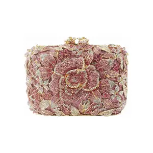 Elegant Women Floral Rhinestone Evening Clutch Glitter Rose Crystal Handbag Bride Wedding Purse for Banquet Cocktail