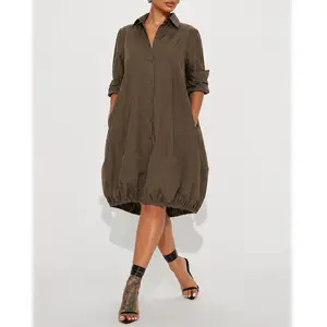 UOOZEE Women's 2025 New Spring-Autumn Minimalist Casual Office Wear Cotton Midi Dress - Breathable, Comfortable, Solid Color, Collared Loose Lapel, Buttoned Puff Sleeves, Pleated, With Pockets, Basic Fit (Broad-Shouldered Women Recommended to Size Up)