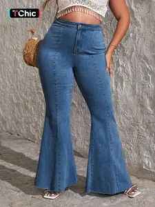 Plus Size High Waist Slim Fit Jeans, Elastic Fish Tail Long Pants, Button Fly, Fall & Winter, Plain Pattern, Casual Style
