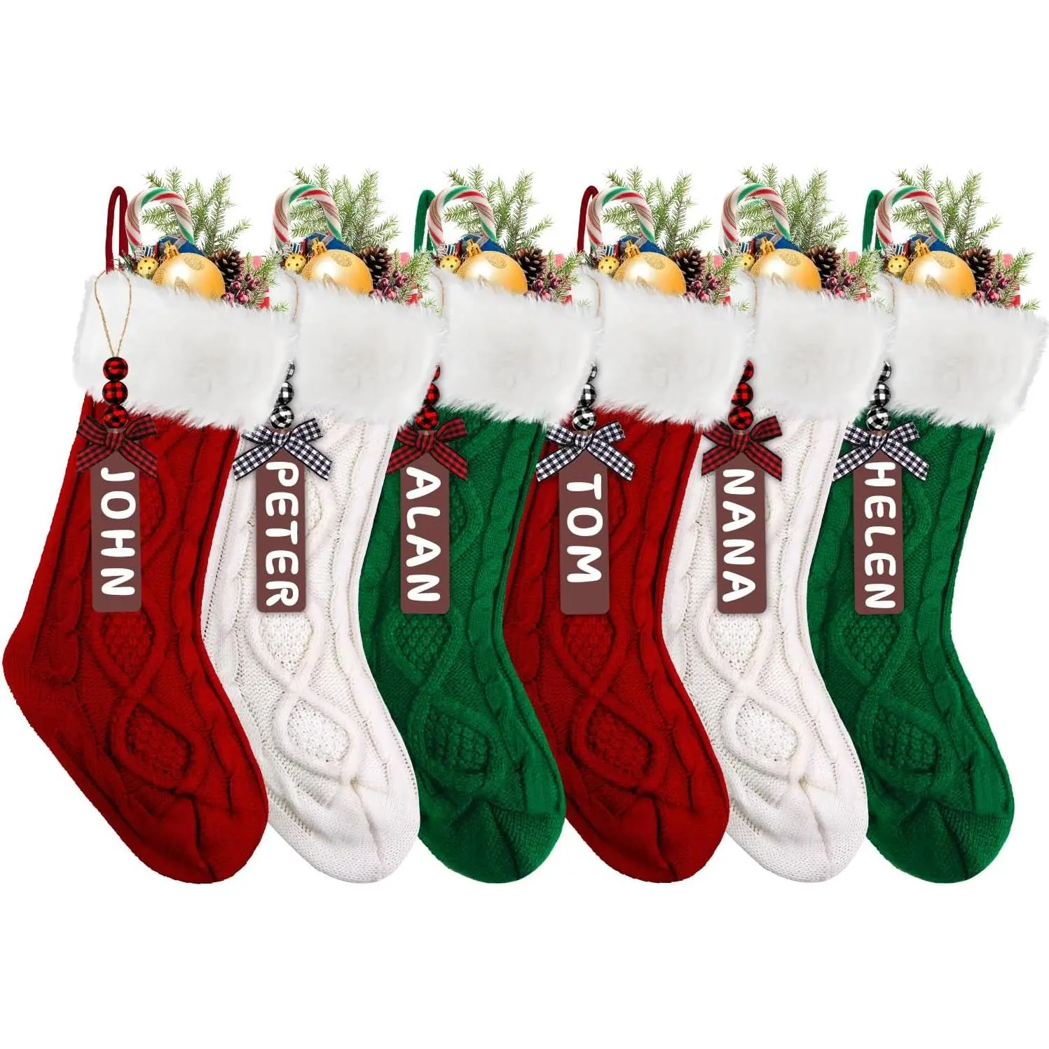 6PACK Christmas Stockings,18Inches Large  Knitted Stocking Personalized Xmas Hanging Stocking Decorations with Name Tags for Holiday Christmas Party Family Decor(Green Red White