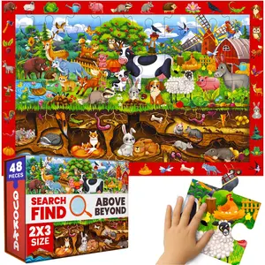 QUOKKA Jigsaw Puzzle for Kids Ages 4-8, 2x3 FT Floor Puzzle, 48 Large Pieces, Woodland & Farm Animals Observational Scene