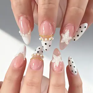 24 Colors Almond Shape Nail Tips, French Edge with Polka Dots, Stars, Pearl Gold Beads, Y2K Glossy False Nails, Nail Design, Reusable, Includes Jelly Glue & File