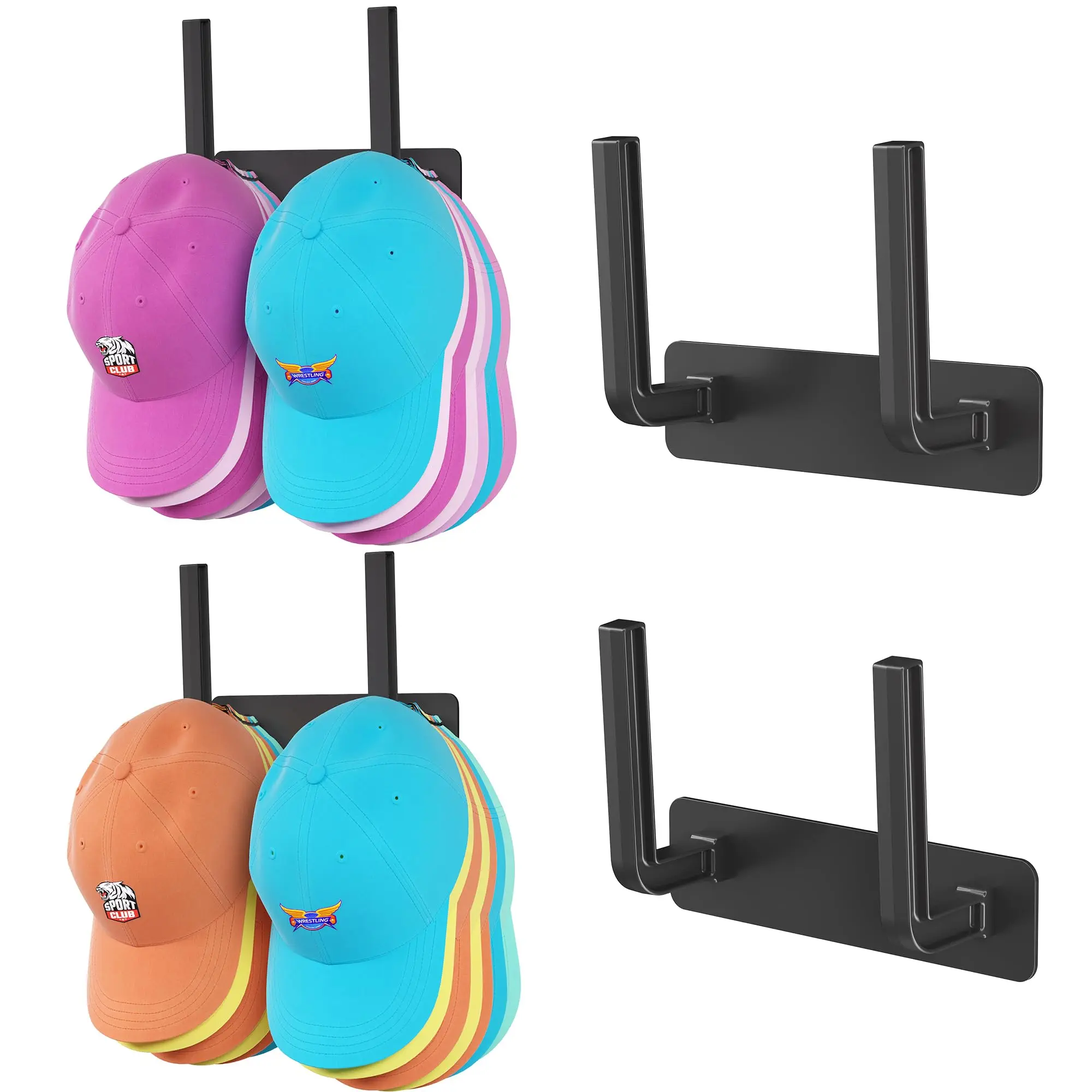 Hat Rack 2 Packs - Removable Long Row Hat Racks for Baseball Caps, Holds 40 Hats, 2 Mounting Options, Wall & Door Organizer Traditional Hanger