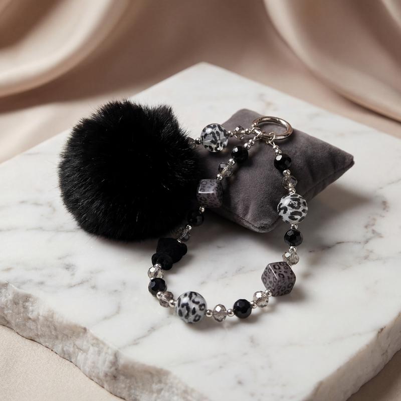 Minimalist Phone Charm Strap with Beads & Plush Pom – Cute Wrist Lanyard Keychain for Phone Case, Stylish Daily Accessory