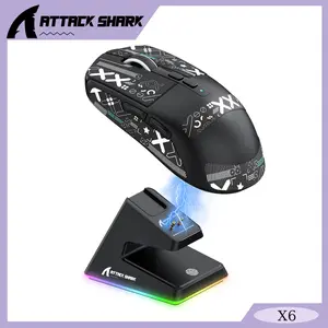 ATTACK SHARK X6 Wireless Gaming Mouse with RGB Magnetic Charging Dock,PAW3395 Optical Sensor,BT/2.4Ghz/Wired,49g Ultralight,800-26000 DPI,HUANO Switch,5 programmable Buttons,PC/Mac