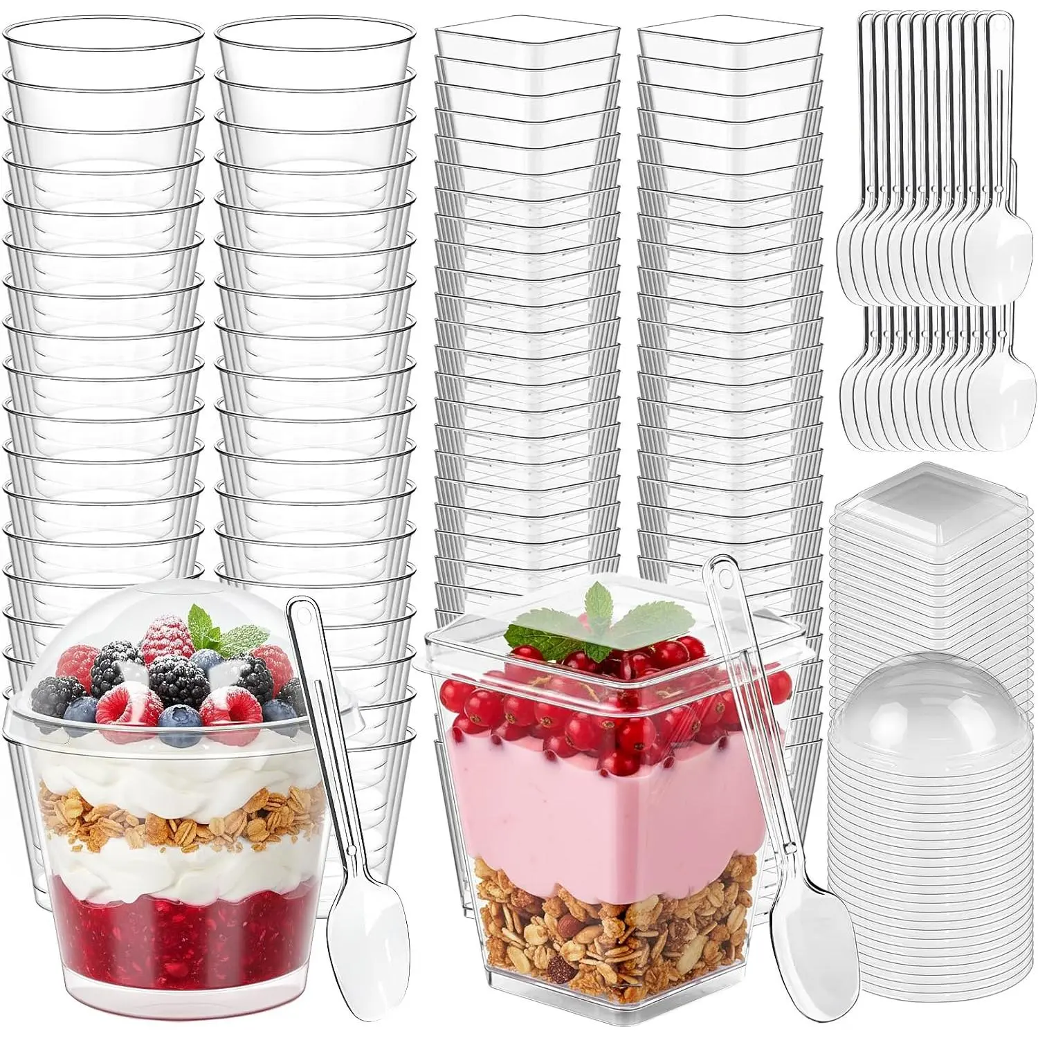300 count Dessert Cups with Spoons and , 5 Oz and 7 Oz Clear Plastic Parfait and Shooter Cups for Parties.  for Fruit, Mousse, Cakes, Pudding Cups, Appetizers, Frozen Desserts, Yogurt, etc