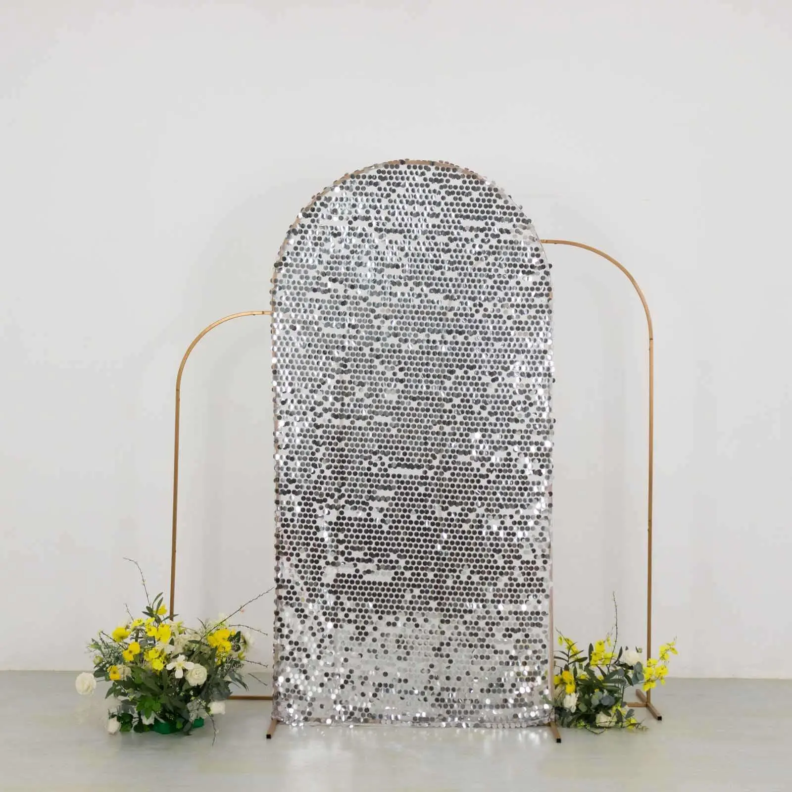 7ft Sparkle Round Silver Payette Sequin Fitted Arch Cover - Round Top Wedding Arch Event Backdrop, Indoor Home Supplies, Multiple Uses for Stores & Festive Parties