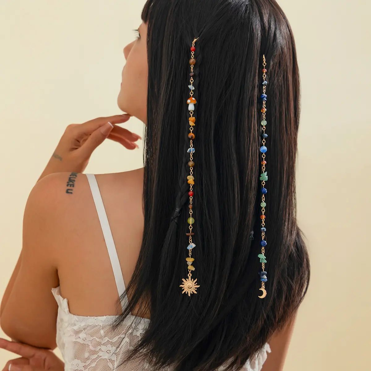 Bohemian style shell hair chain, natural stone tassel hair accessory, suitable for beach, festival, and vacation looks