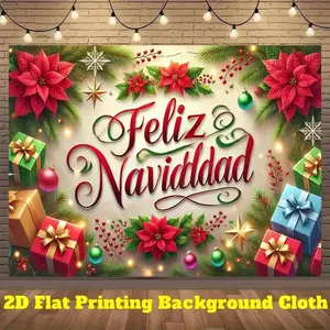 2D Flat Banner Gift, Polyester Christmas Banner with Poinsettia, Gifts, Feliz Navidad, Indoor/outdoor Festival Decor, Easy to Hang