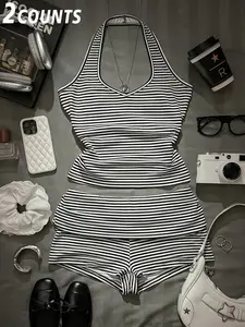 Women's Summer Two-Piece Striped Halter Top and Matching Tight Shorts Set, Slim-Fitting Sleeveless Crop Top, Casual Fashion Womenswear, Sleeveless Matching Sets