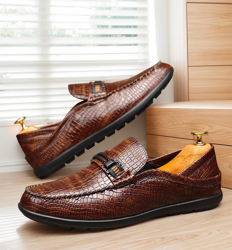 Men's Croc-Embossed Metal Bit Loafers, Black & Brown Formal Slip-On Leather Shoes25328