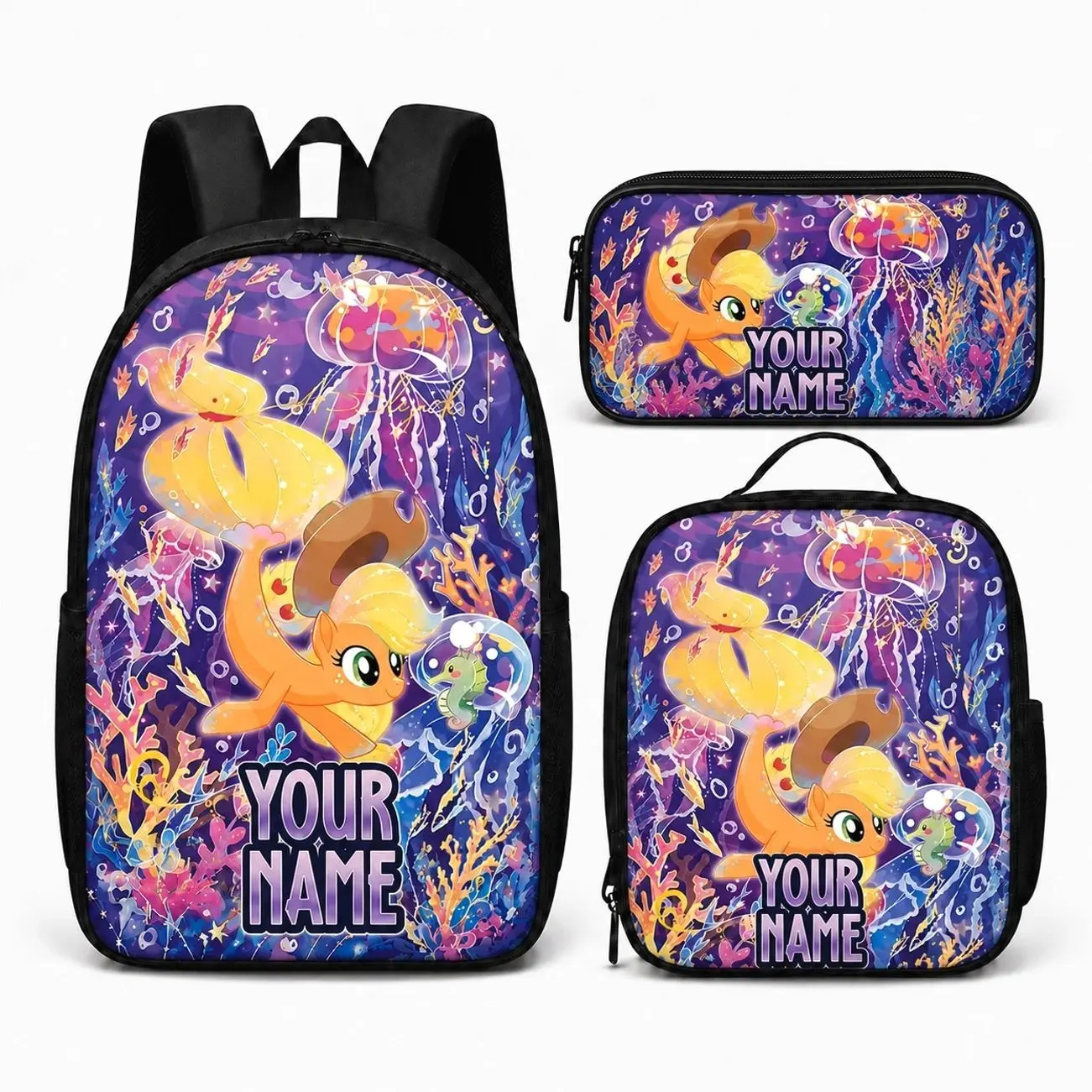 Personalized Cute Magic Pony Princess Student Bag Set | 3Pcs Backpack Insulated Lunch Tote Pencil Pouch | Custom Kids Birthday Gift Box