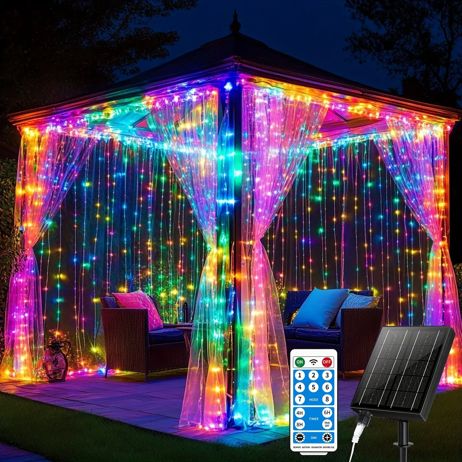Solar Curtain Lights, IP65 Waterproof RGB Color Changing LED Solar Window Curtain String Lights with Remote Control, Auto On/Off Outdoor Fairy Lights for Patio Gazebo Wedding Christmas Holiday Decor