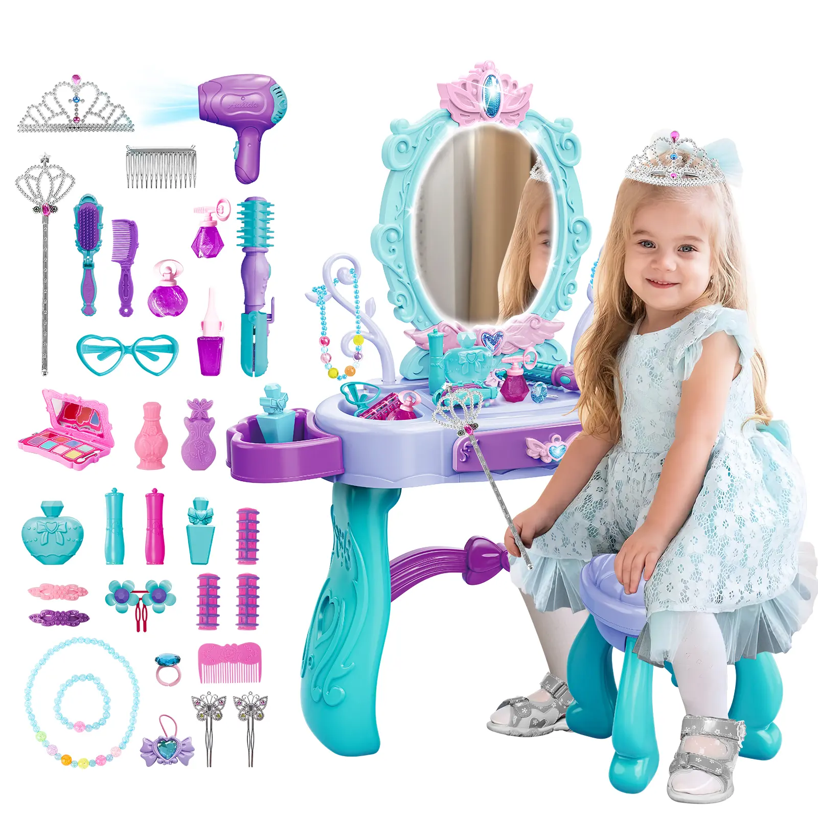 deAO Vanity Makeup Table Toy with Mirror & Chair, Vanity Playset with Lights,Pretend Play Makeup Toy with Hair Dryer Toy, Salon Set #sohochic
