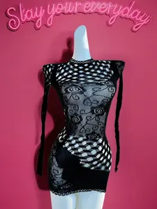 1PC Sexy Swimsuit Cover Up Women Fishnet Long Sleeves  Without Bikini For Music festival Bodycon Dress Hollow Out Vacation See Through Beachwear Summer Holiday