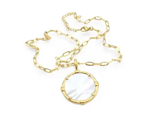 Mother Pearl Necklace with Eye-Catching Medallion Pendant & Paperclip Chain