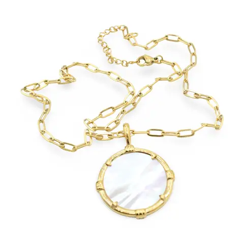 Mother Pearl Necklace with Eye-Catching Medallion Pendant & Paperclip Chain
