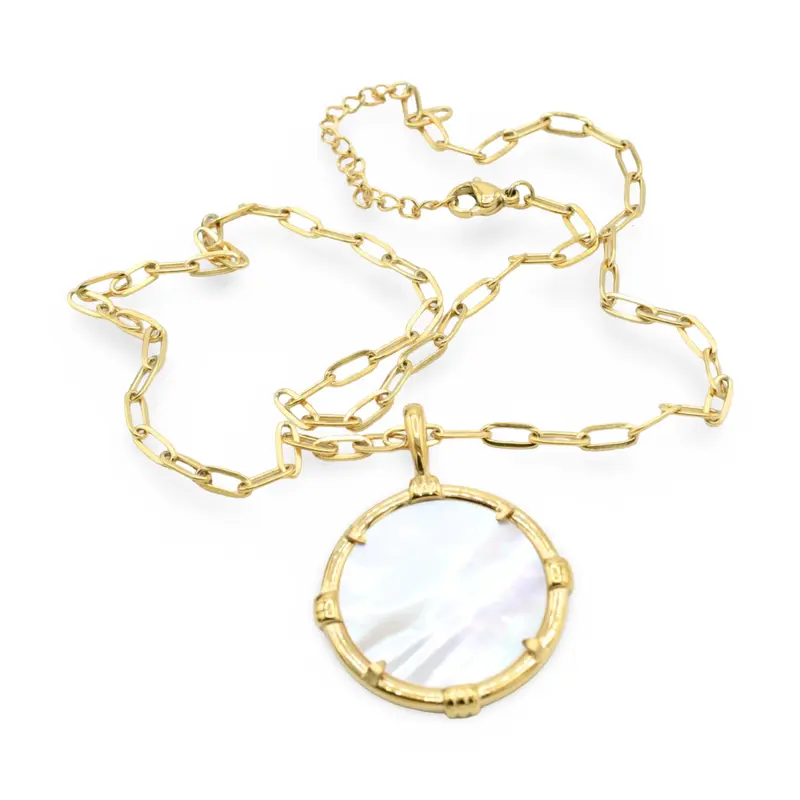 Mother Pearl Necklace with Eye-Catching Medallion Pendant & Paperclip Chain