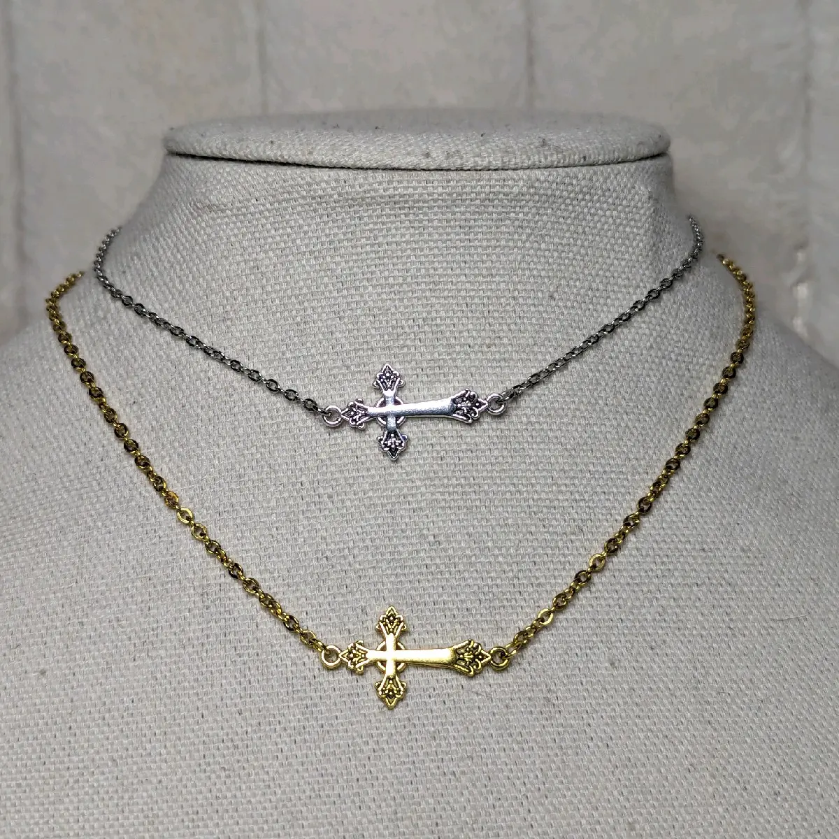 Small Sideways Cross Choker Necklace Silver And Gold Small Sideways Cross Choker Necklace Silver And Gold