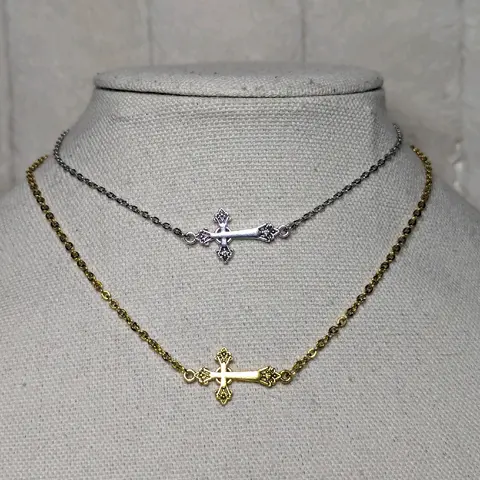 Small Sideways Cross Choker Necklace Silver And Gold