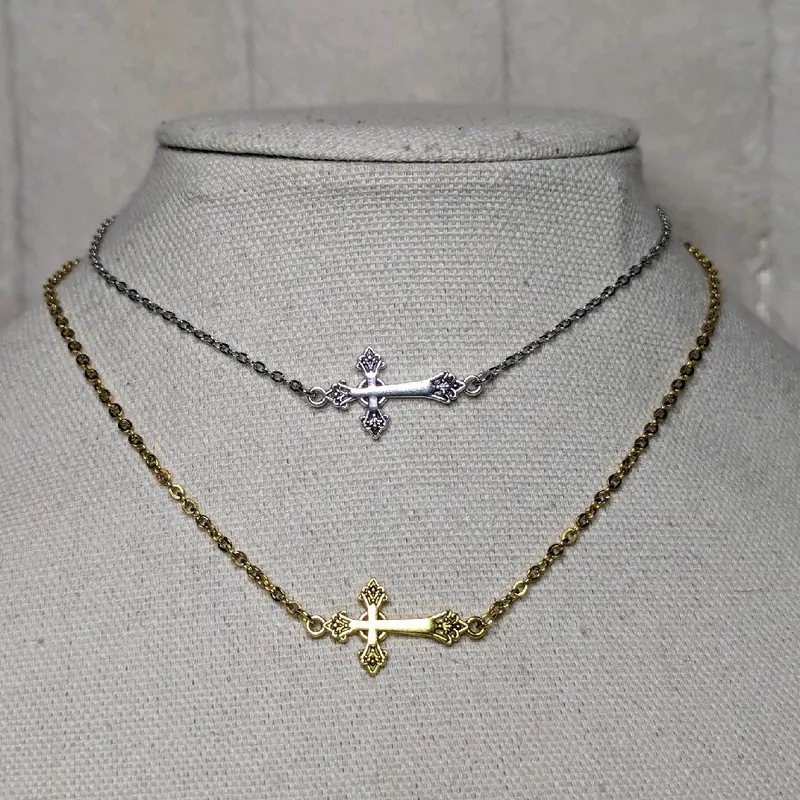 Small Sideways Cross Choker Necklace Silver And Gold