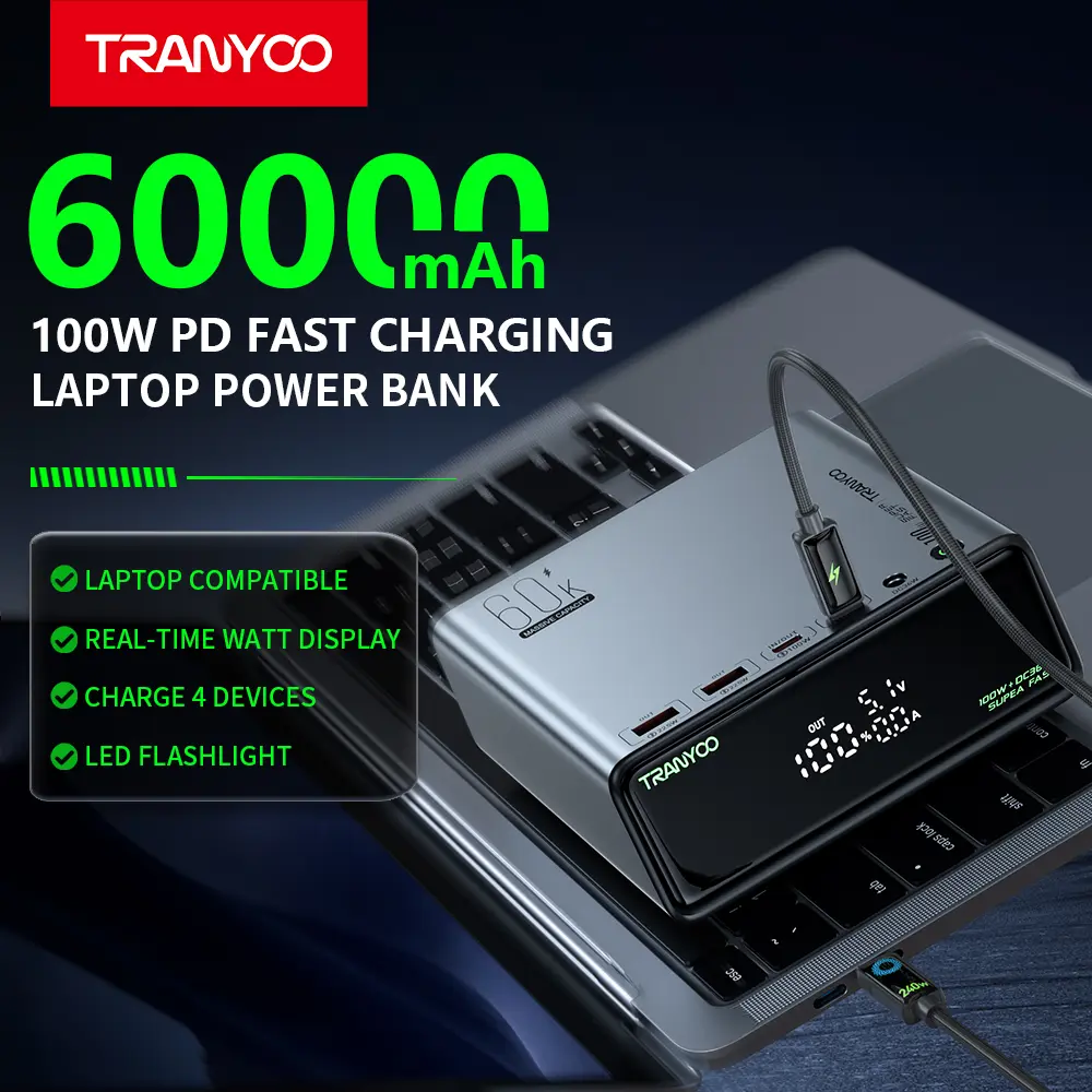 TRANYOO T-L6 60000mAh 100W PD Power Bank for Laptop, Fast Charging Portable Charger with Digital Display, USB-C Dual-Way Charging, LED Light for MacBook, Steam Deck, iPhone & More