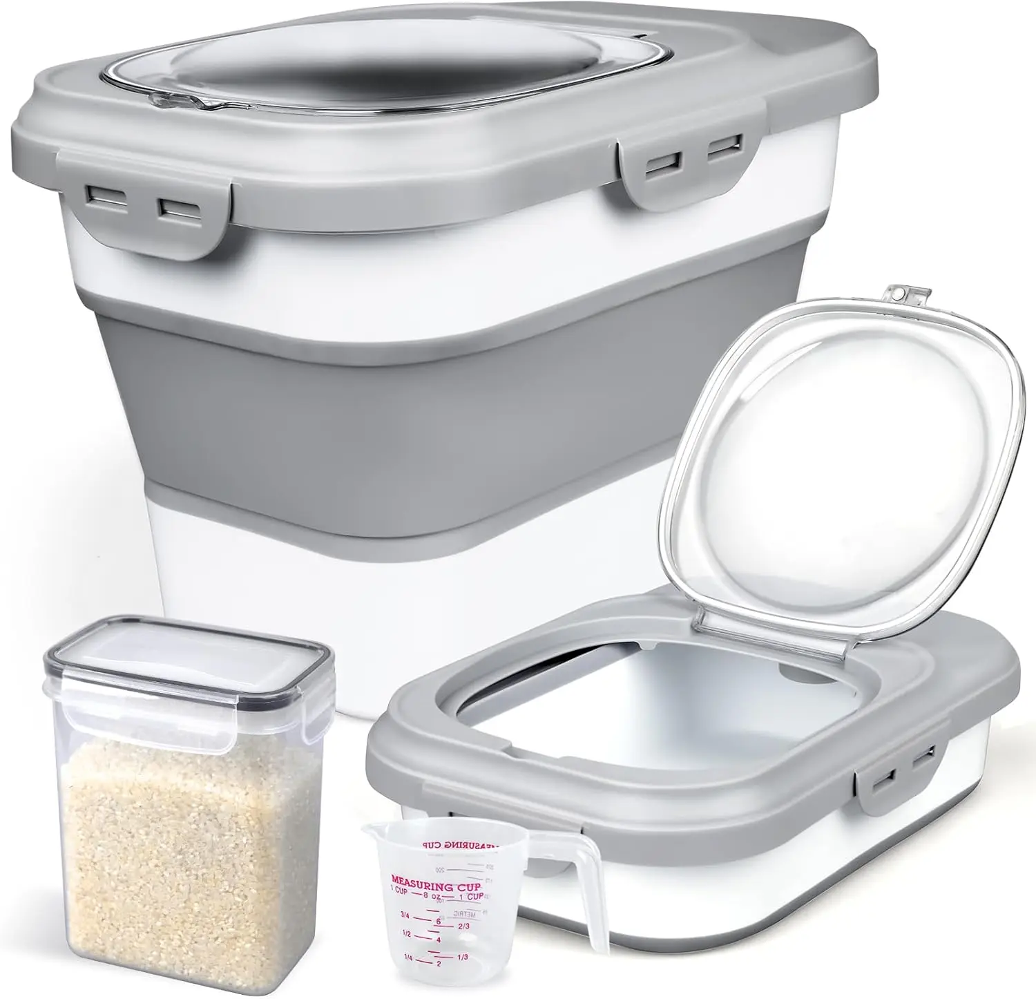 Rice Container, Collapsible Airtight 6-20 Lbs, Rice Dispenser with Measuring Cup and Small Bin for Flour Cereal Pasta Grain, Cat Pet Dog Bird Food Container