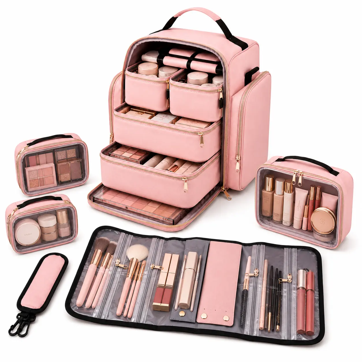 Travel Makeup Organizer Bag,  Cosmetics Organizer, Makeup Bags, with 4 Removable Compartments & Jewelry Roll - Multi-Pocket Cosmetic Case, Spacious Toiletry Storage for Skincare & Makeup Brushes - Beauty Bag valentine day gif gif gift