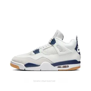 White and Blue Full-Grain Leather Mesh Panel Mid-Top Retro Basketball Shoes