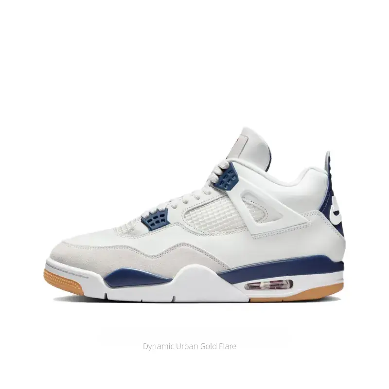 White and Blue Full-Grain Leather Mesh Panel Mid-Top Retro Basketball Shoes