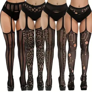4 Pairs Women's Garter Belt Fishnet Stockings, High Waist Suspender Thigh High Pantyhose, Hollow Out Lace Mesh Tights for Halloween, Party, Cosplay