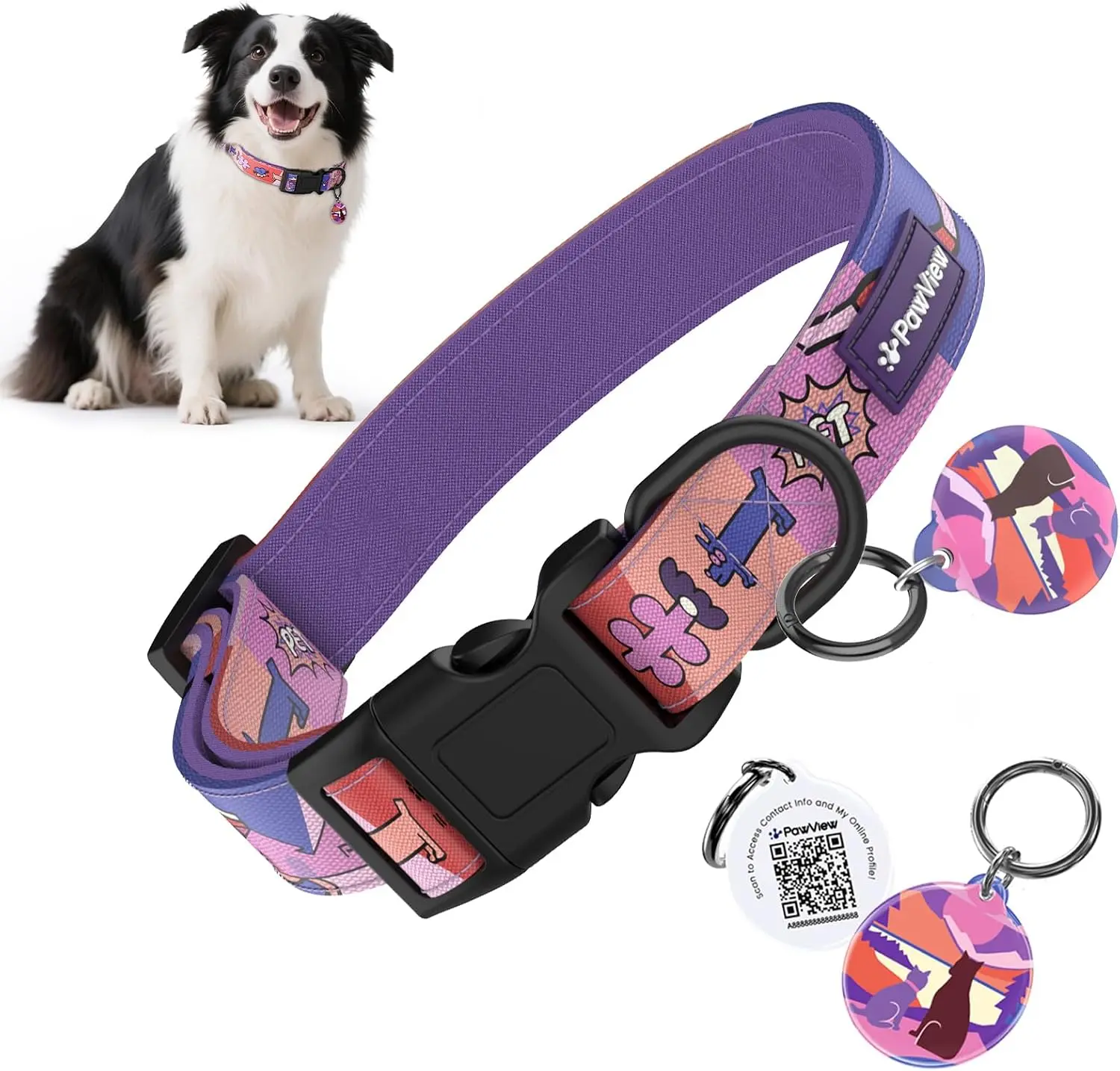 PawView Smart Dog Collar with QR Code ID Tag, Dog Safety Collar for Lost Pet Finder, Scan to Contact Owner, No GPS No Battery, Adjustable Soft Fit with Metal D-Ring & Quick Release Buckle