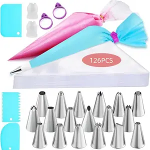 126pc cake decorating tool set, including baking tools, molds, piping bags, and piping tips. Suitable for home baking.