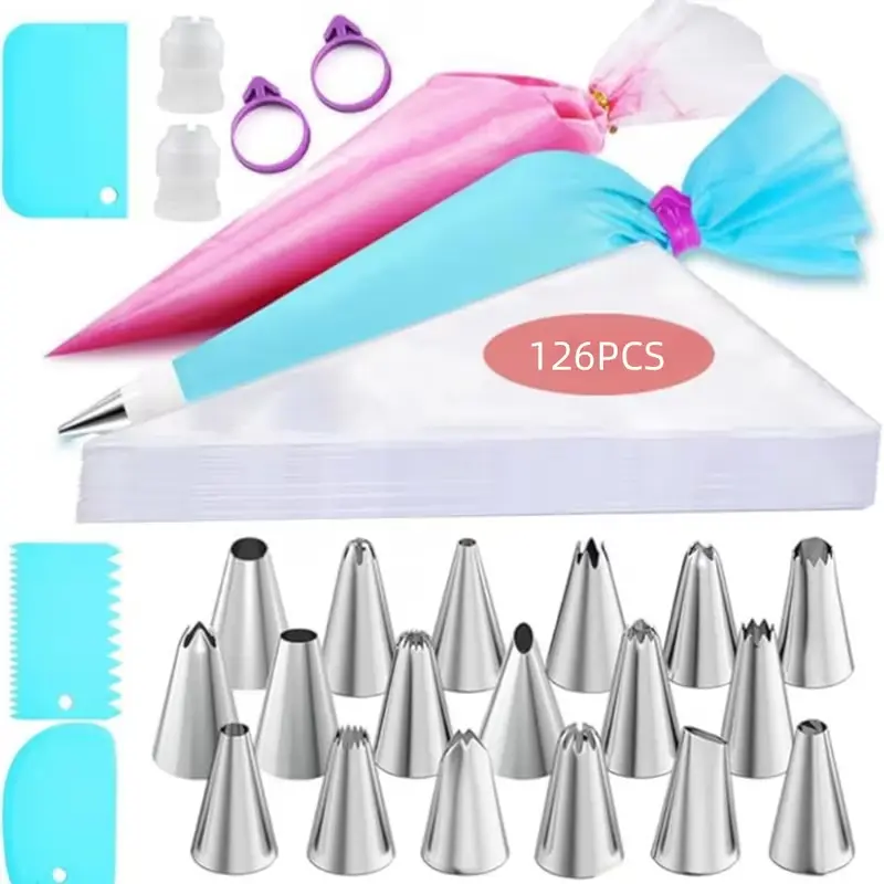 126pc cake decorating tool set, including baking tools, molds, piping bags, and piping tips. Suitable for home baking.