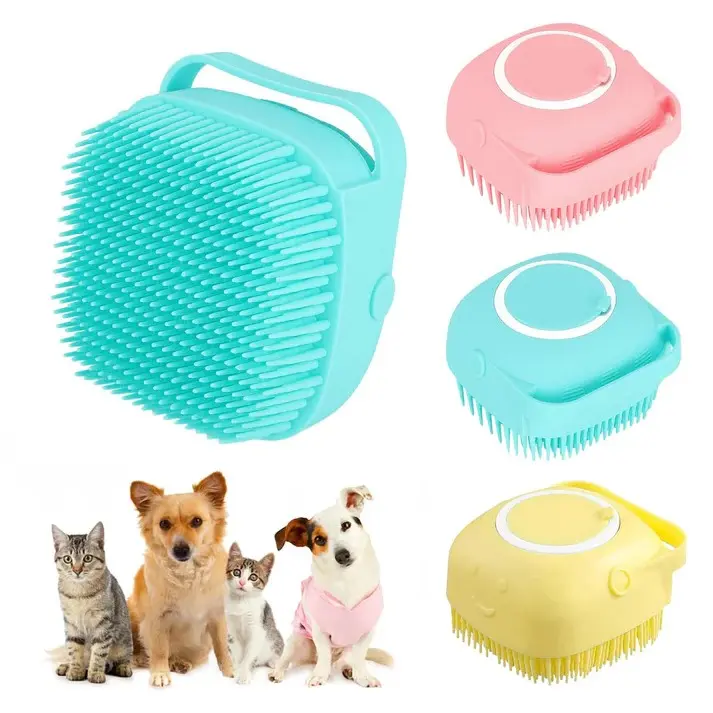 Pet Bath Brush, Silicone Massage Brush with Shampoo Dispenser, Ideal Bath Accessories for Dogs & Cats Pet Clean Products, Grooming, Dog Ear Cleaning Pet Massage Brush Bath Brush Set