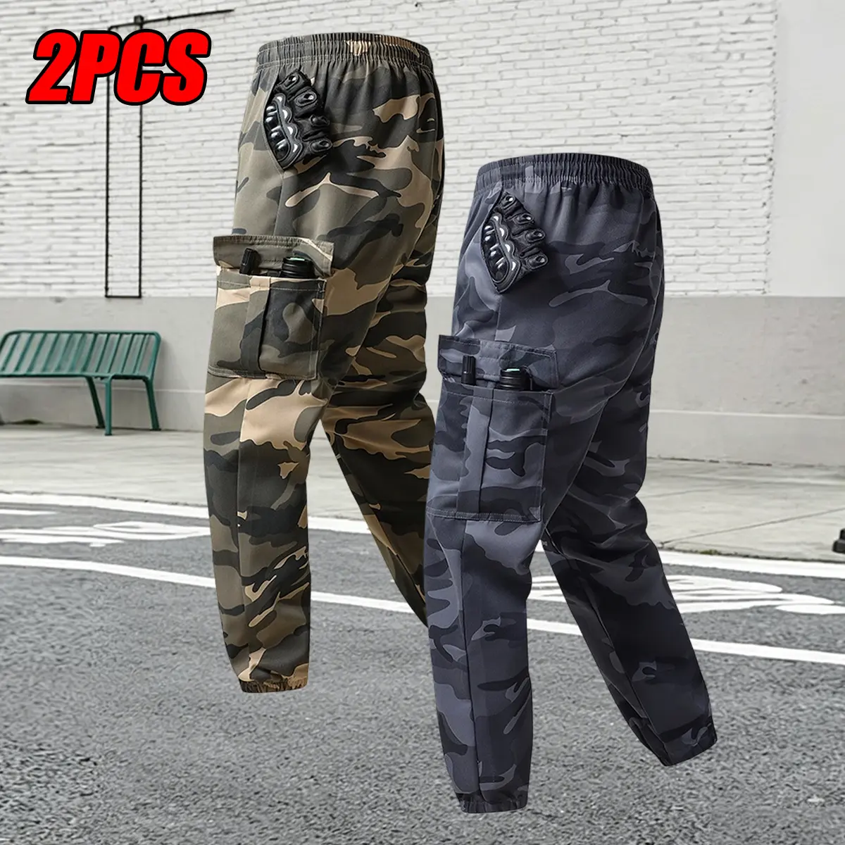Men’s casual outdoor camouflage cargo pants with an elastic waistband and drawstring, multiple pockets, and a jogger-style fit; versatile and suitable for fitness, running, hiking/trekking, fishing, streetwear, and everyday commuting.